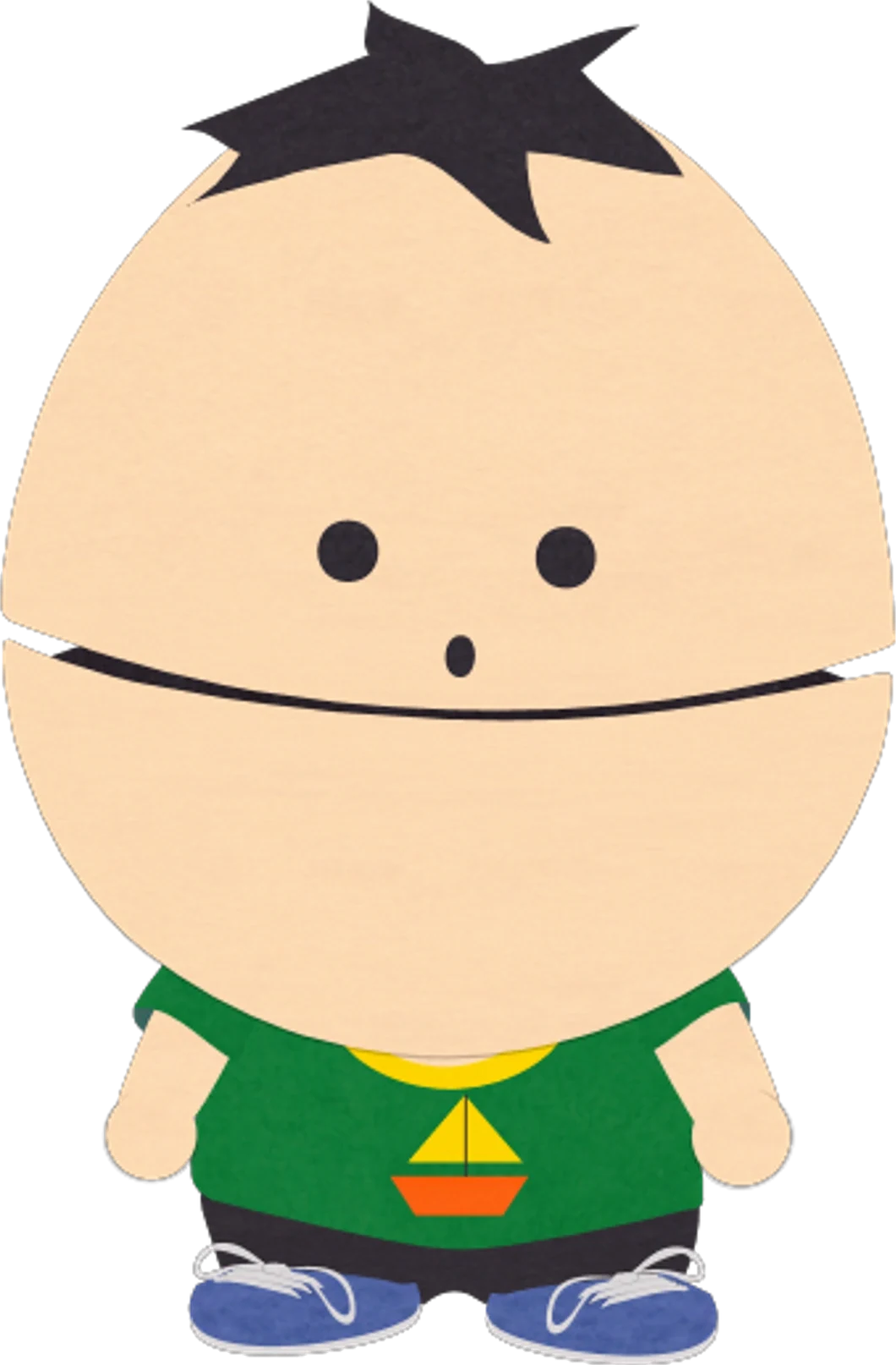 Ike Broflovski with a dark hair tuft, a broad head, and a green top with a sailboat